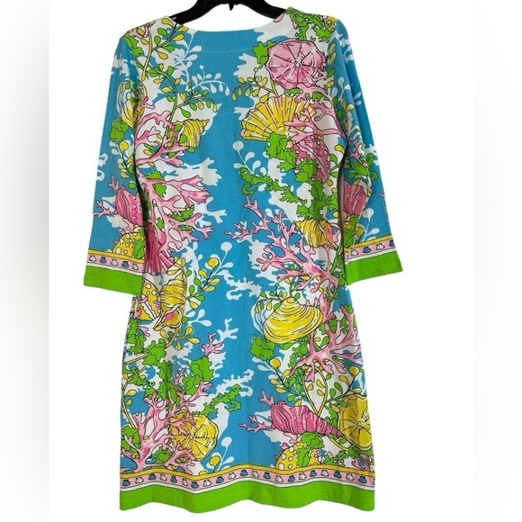 Barbara Gerwitt by Tabitha Blue Pink Green Sea Scene Slit Neck Shift Dress - Picture 2 of 10